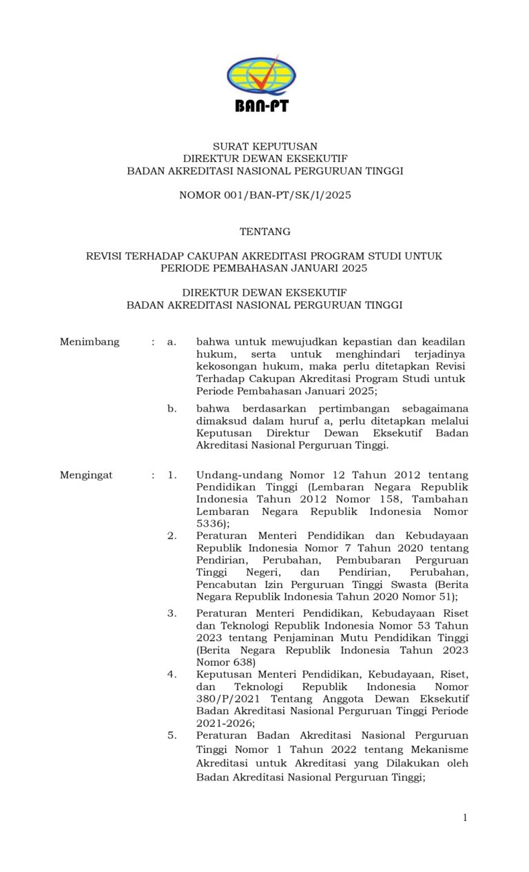 Perubahan Cakupan Akreditasi Program Studi pada LAM Teknik (SK BAN-PT NO. 001/BAN-PT/SK/I/2025)