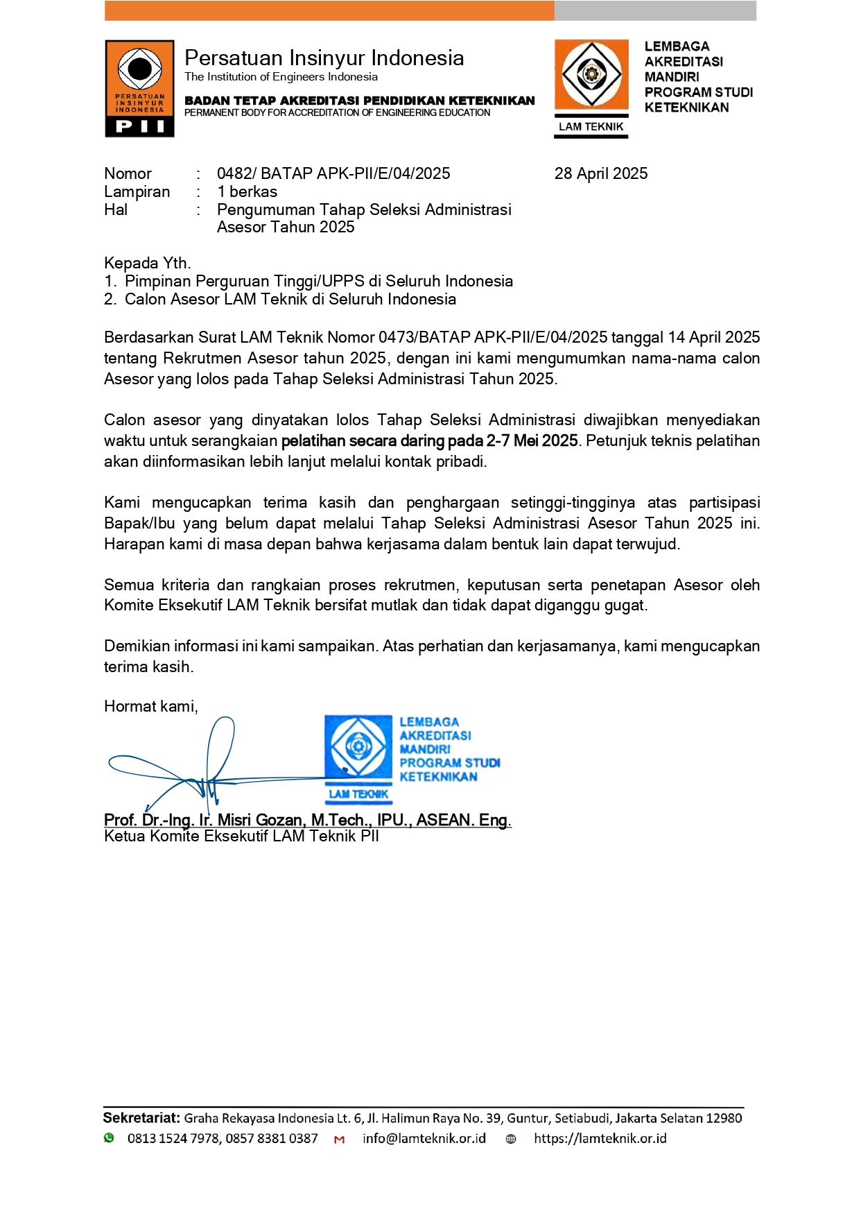 Pengumuman Tahap Seleksi Administrasi Asesor Tahun 2025