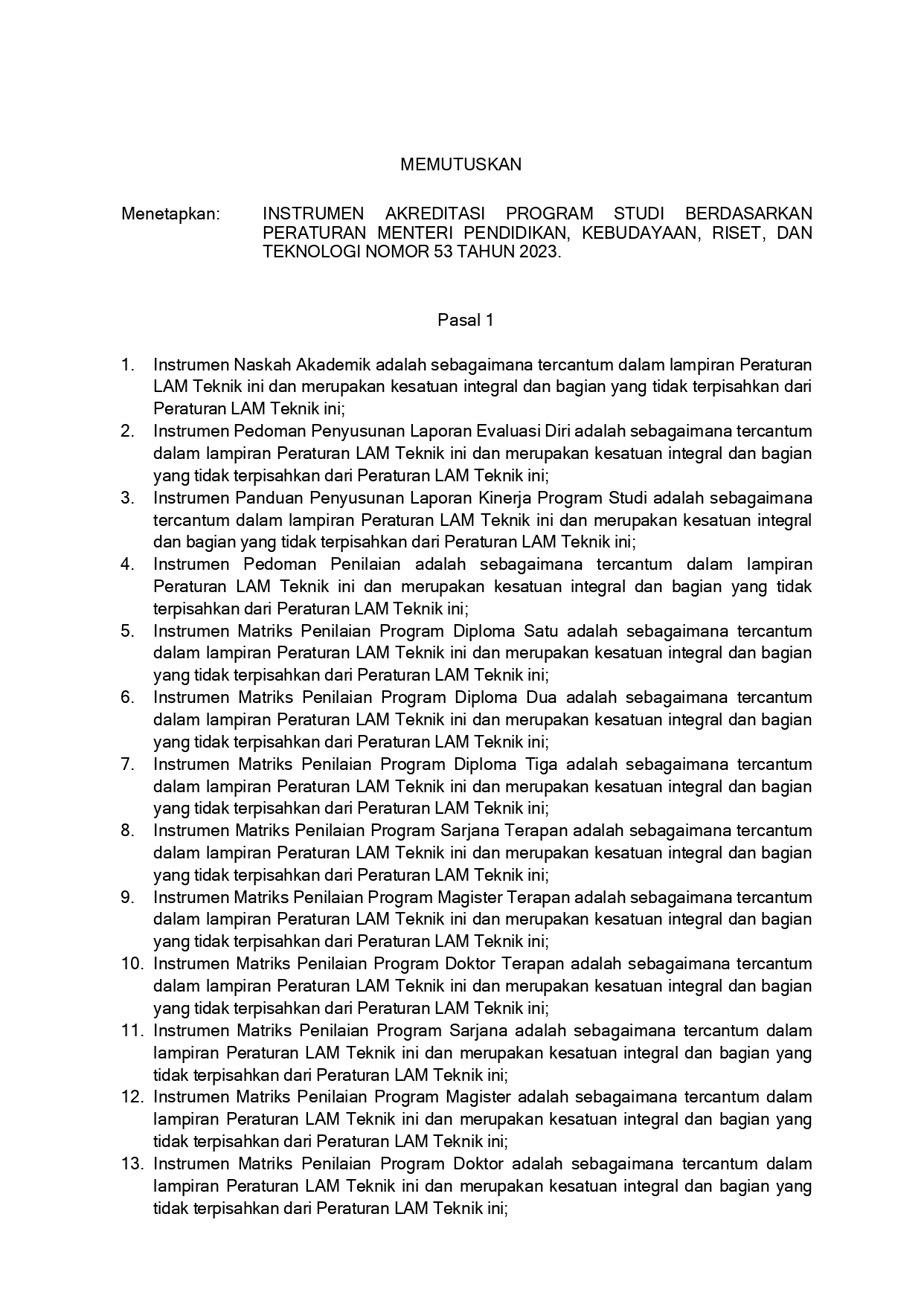 Peraturan LAM Teknik No. 1 Tahun 2025 Tentang Instrumen Akreditasi Program Studi Berdasarkan Pemendikbudristek Nomor 53 Tahun 2023