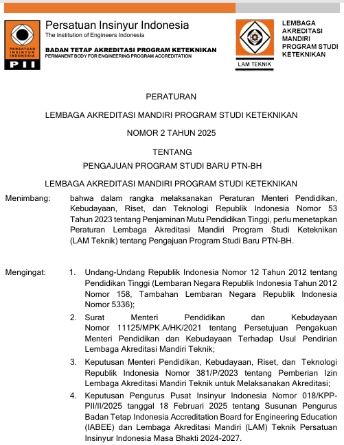 Peraturan LAM Teknik No. 2 Tahun 2025 Tentang Pengajuan Program Studi Baru PTN-BH LAM Teknik