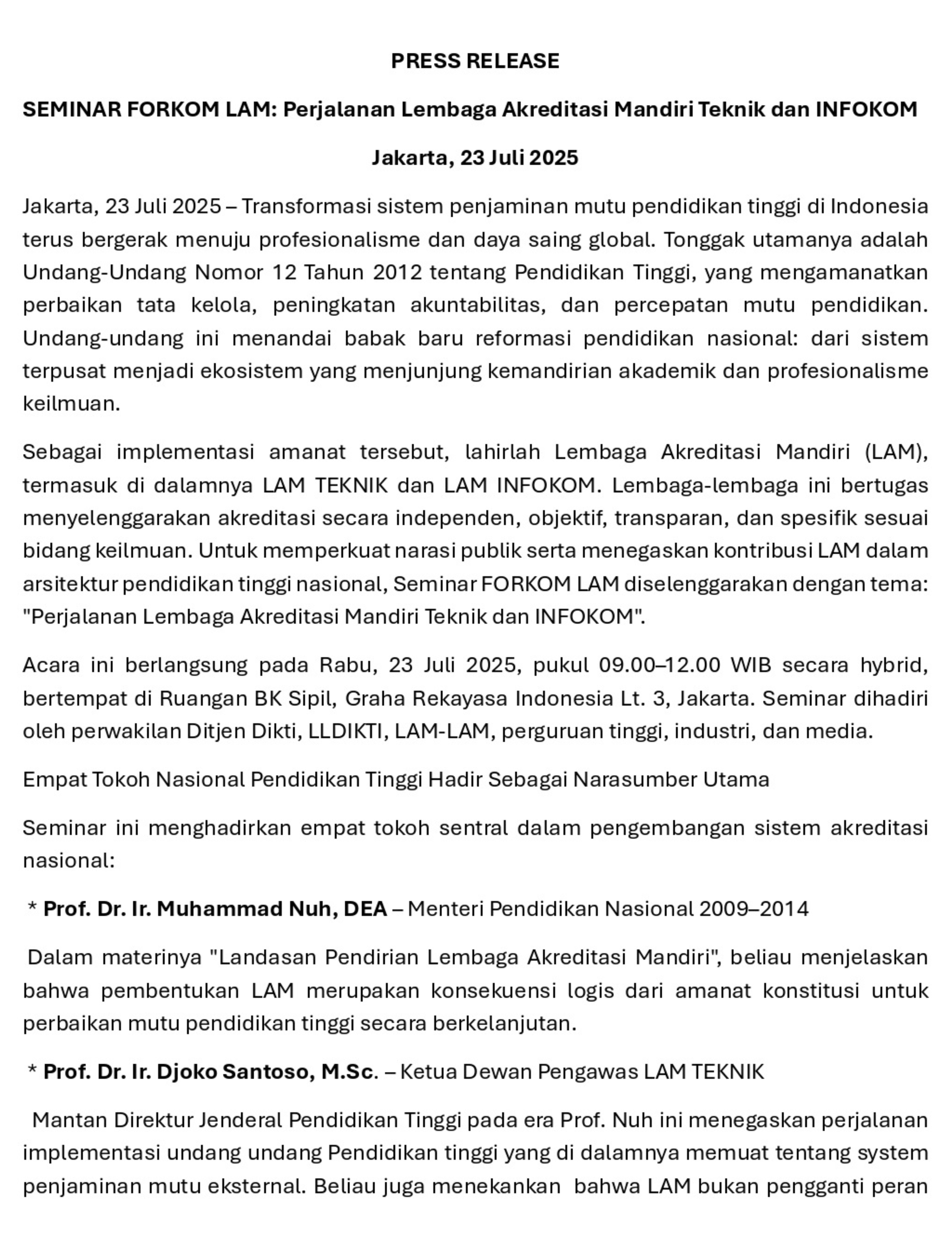 PRESS RELEASE  SEMINAR FORKOM LAM: Perjalanan Lembaga Akreditasi Mandiri Teknik dan INFOKOM