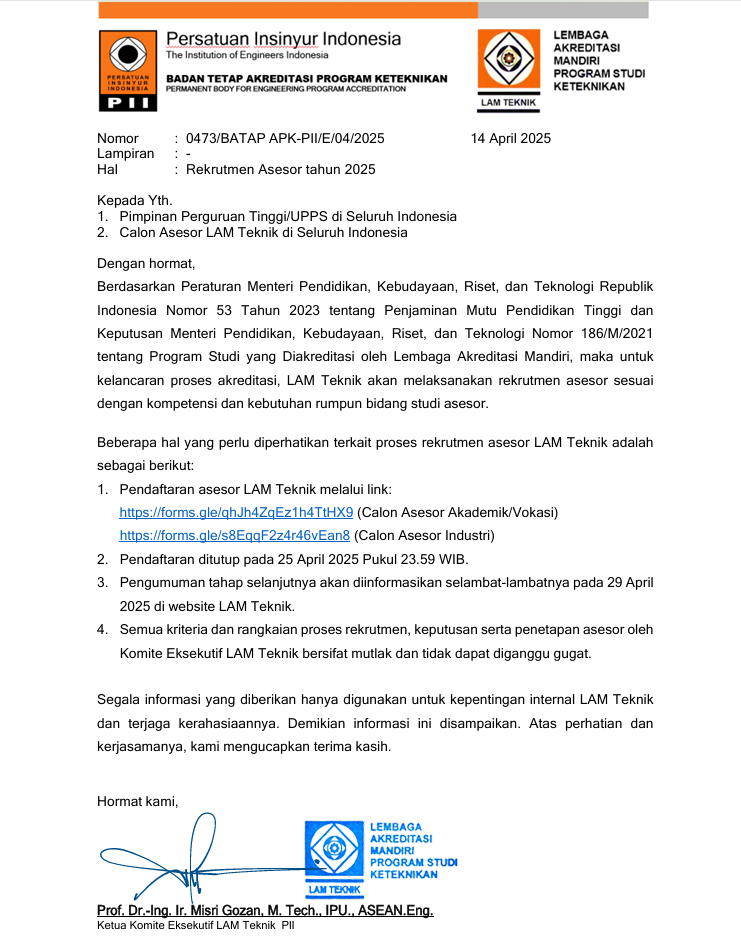 Rekrutmen Asesor LAM Teknik 2025