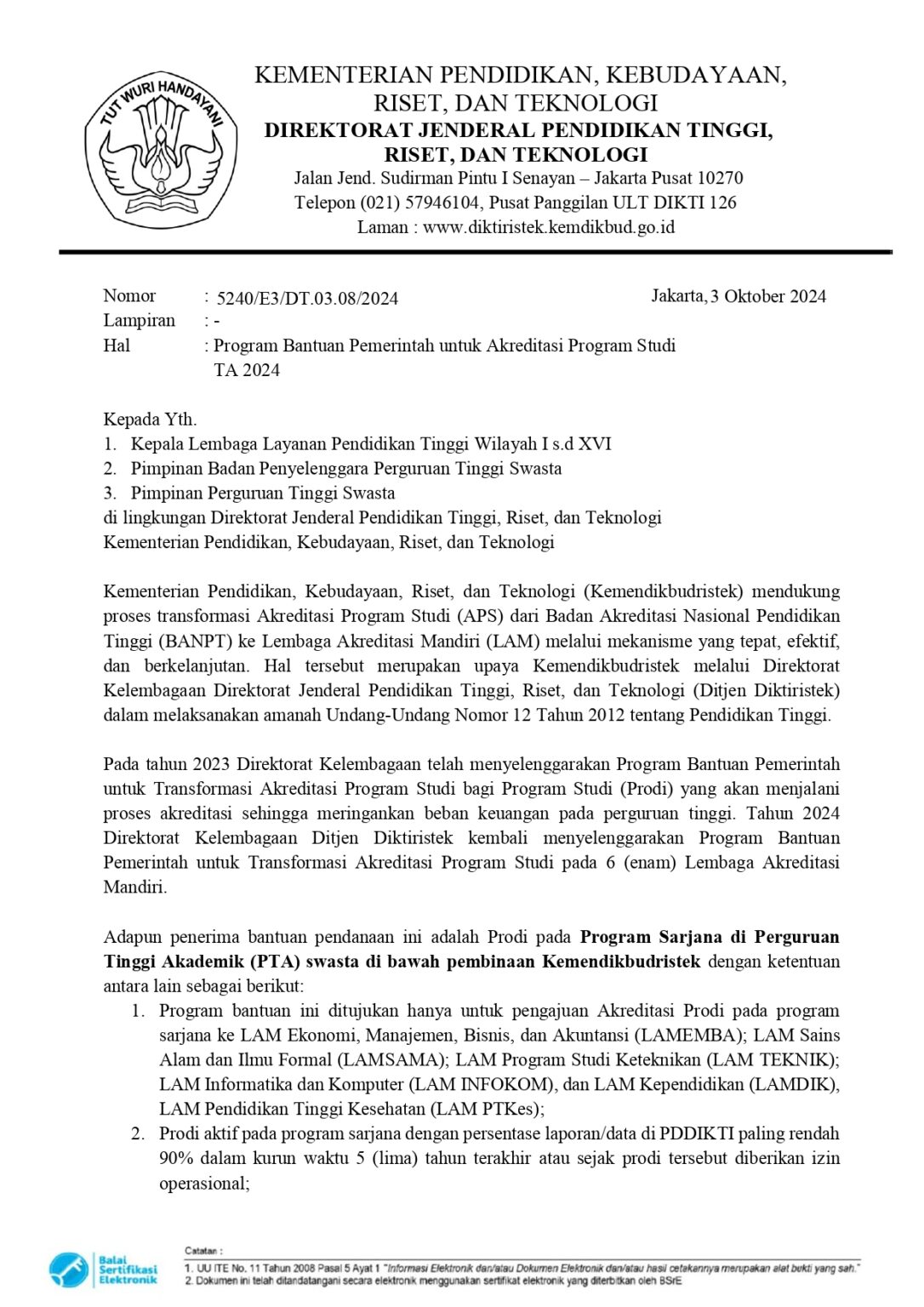 Program Bantuan Pemerintah untuk Akreditasi Program Studi TA 2024